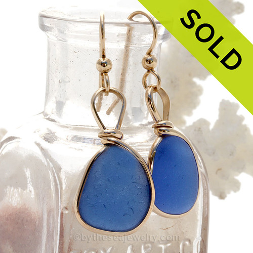 Brilliant Blue Genuine Sea Glass Earrings 14K Rolled Gold Original Wire Bezel© (GFEBEZEL22)