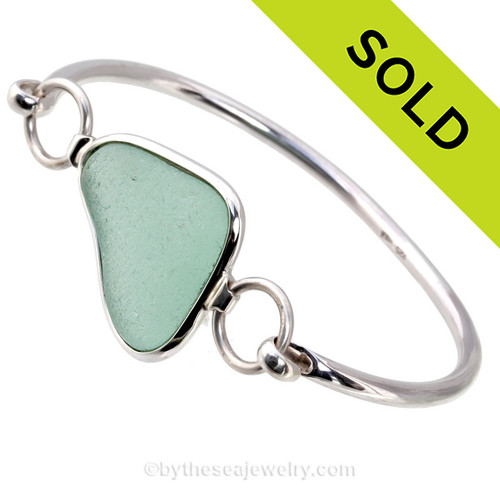 Natural Triangular Seafoam Green Premium Sea Glass Bangle Bracelet in Deluxe Wire Bezel©