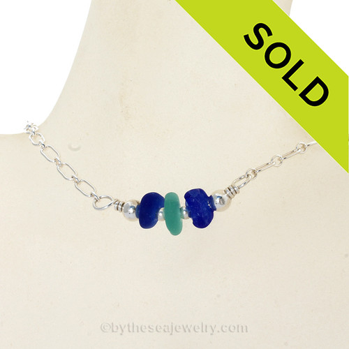 Triple Simply Sea Glass Necklace with Vivid Aqua and Cobalt Blue on Solid Sterling Silver