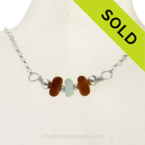 Simply Sea Glass Necklace with Bright Amber and Sea Green Sea Glass all on Solid Sterling Silver