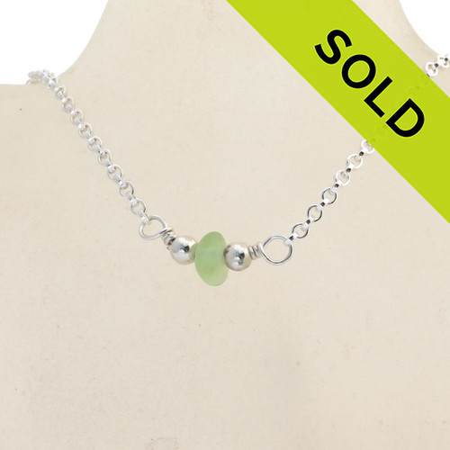 Simply Sea Glass - Glowing Yellowy Seafoam Green Sea Glass Necklace on All Solid Sterling Silver - 18"