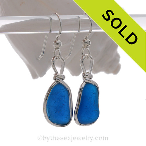 Lovely Petite Royal Blue Genuine Natural Sea Glass Earrings Solid Sterling Silver Original Wire Bezel©