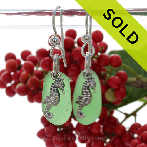 PERFECT Green Genuine UNALTERED Sea Glass Earrings W/ Solid Sterling Sea Horse Charms
