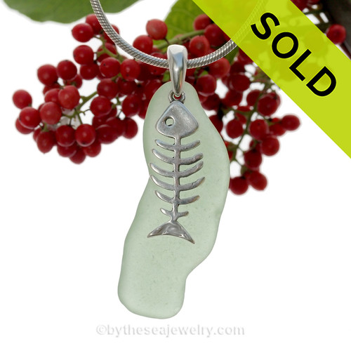 Dem Bones -  VERY LONG Yellowy Sea Green Natural Sea Glass Necklace Set On Silver Bail & 18" Solid Sterling Snake Chain (INCLUDED - a $22 Value)