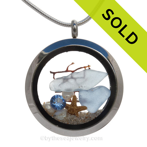  Carolina on My Mind - Carolina Blue Genuine Sea Glass Locket With Starfish, Gem & Beach Sand