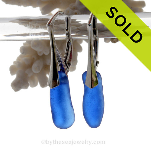 Long Slivers of Cobalt Blue Sea Glass Earrings on Solid Sterling Silver Leverbacks