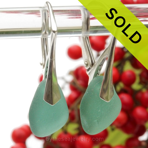 Glowing Deep Aqua Green Genuine Sea Glass On Solid Sterling Silver Leverback Earrings