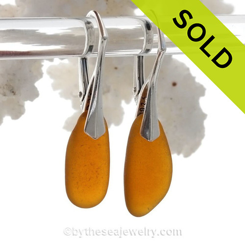 Bright Amber Brown Elegant Beach Found Sea Glass Earrings On Silver Leverbacks