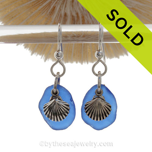 Cobalt Blue Beach Found Sea Glass Earrings On Sterling W/ Silver Shell Charms