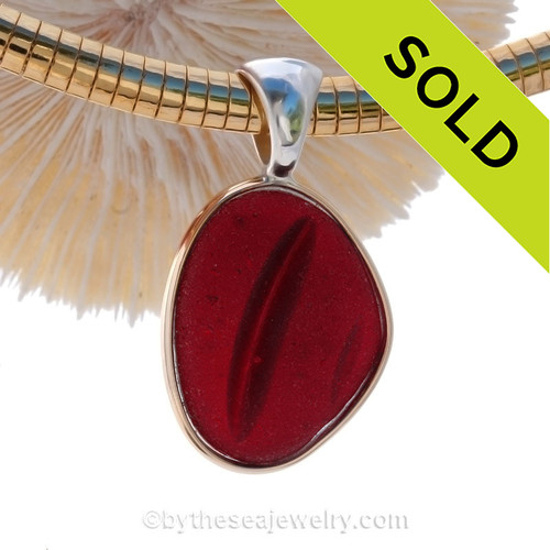 HUGE and P-E-R-F-E-C-T Ridged Red Channel Marker Sea Glass Pendant In Tiffany Mixed Deluxe Wire Bezel© on Goldfilled Omega Chain (Included and a a $120 Value).