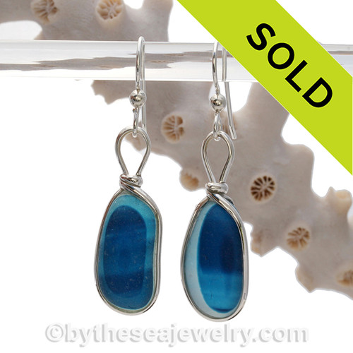These are HUGE Ultra Rare Blue Aqua Mixed Sea Glass Earrings set in our Original Wire Bezel© setting in silver.