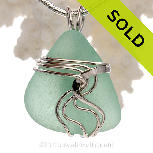 Perfect Seafoam Green Genuine Sea Glass Sterling Waves© Signature Sterling Setting Pendant.
