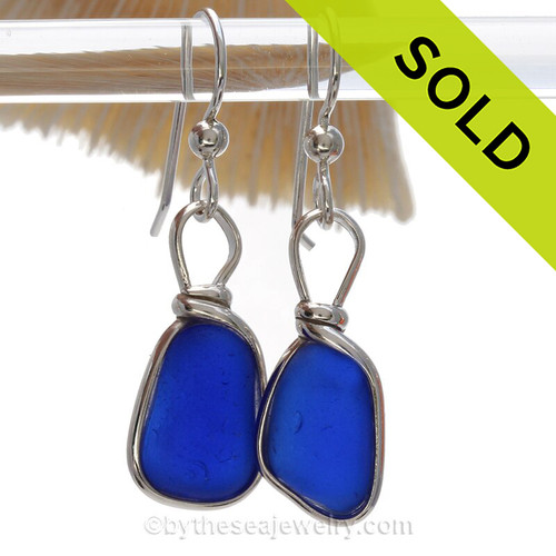 Petite Thick Cobalt  Blue Sterling English Sea Glass Earrings In Sterling Original Wire Bezel© 