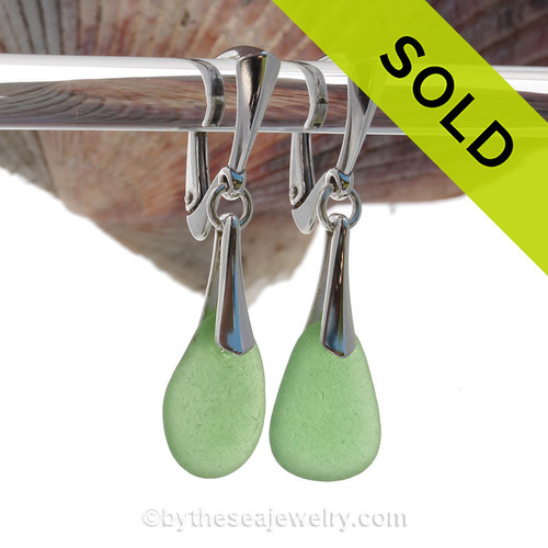 Beach Found Vivid Green Sea Glass Earrings On Solid Sterling Silver Dangly Leverbacks