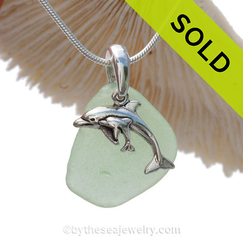 Sea Water Green Sea Glass With Sterling Silver Dolphins - Mother And Child Charm