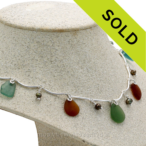 Green and Aqua Blue and Amber Genuine Sea Glass on a Solid Sterling Silver Curved Bar Necklace with Sterling Beautiful Brown Pearls