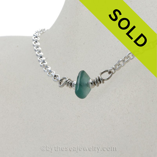 Simply Sea Glass Necklace Chunky Hawaiian Aqua Blue on Solid Sterling Silver