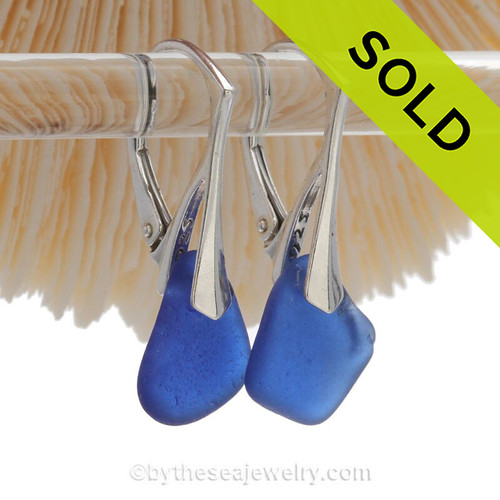 Colorful Lucky Cobalt Blue Genuine Sea Glass Earrings on Solid Sterling Silver Leverbacks