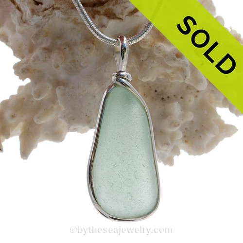 Long Triangle of Aqua Green Genuine Sea Glass Pendant In Sterling Original Wire Bezel©