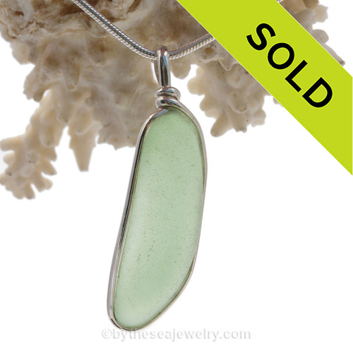 Long Lovely Yellowy Sea Green Genuine Sea Glass Pendant In Sterling Original Wire Bezel©