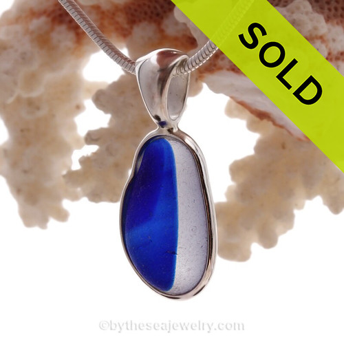 Stunning Mixed Vivid Blue Hartley Wood Multi Sea Glass Pendant In Deluxe Wire Bezel Setting©