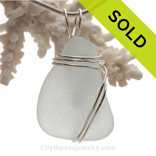 Large Very Pale Green/White Sea glass Pendant set in our triple sterling silver setting.