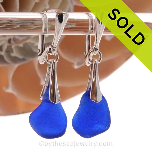 Vivid Cobalt Blue Sea Glass on Solid Sterling Silver Deluxe Dangly Leverbacks