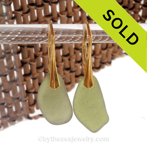 Jungle Green Genuine Sea Glass Earrings On 24K Gold Vermeil Leverbacks