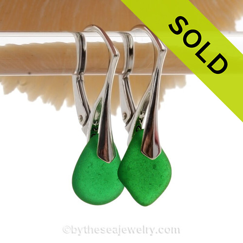 RARE Saturated Green Sea Glass Earrings On Solid Sterling Silver Leverbacks