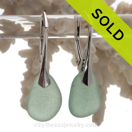 Genuine Beach Found Perfect Soft Aqua Green Sea Glass Earrings on Solid Sterling Silver Leverbacks