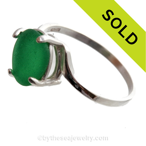 Very Unusual Saturated Green Genuine Simple Sea Glass ring in Solid Sterling Silver
