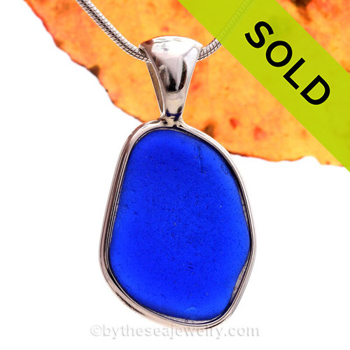 Lovely Large Cobalt Blue Sea Glass Bottle Bottom In a Solid Sterling Silver Wire Bezel© Necklace Pendant