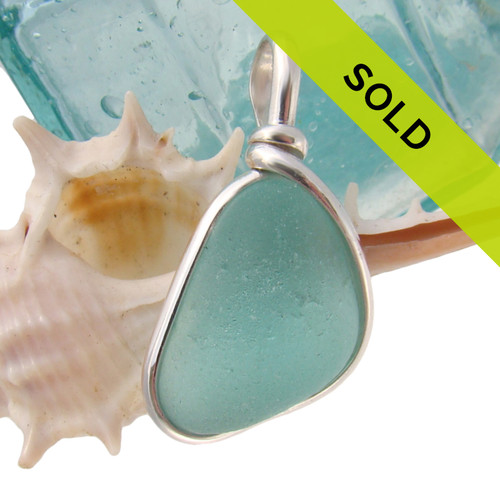 Bright Aqua Sea Glass On Sterling Wire Bezel©  Setting