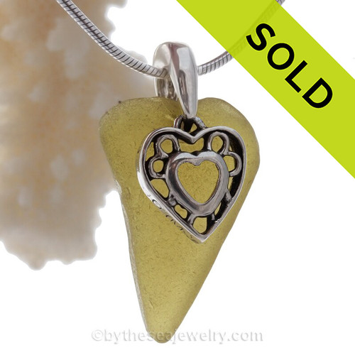 Heart Shaped Peridot Green Sea Glass Necklace with beach found glass and Solid Sterling Heart Charm and INCLUDING Solid Sterling Silver Snake chain.