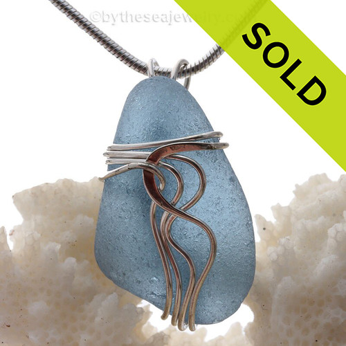 Sheppy Blue genuine Sea Glass Sterling Waves© Setting Necklace Pendant