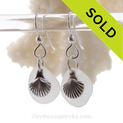 Sea Glass Earrings In White on Sterling Silver With S/S Shell Charms