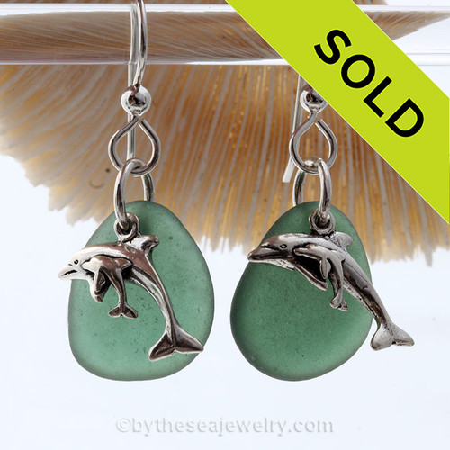 Beautiful unusual deep Aqua Green Sea Glass Earrings On Sterling W/ Sterling Dolphin Charms