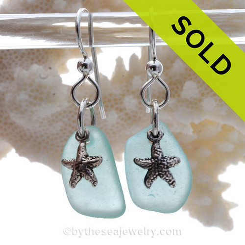Pale Aqua Blue Sea Glass Earrings On Sterling W/ Starfish Charms