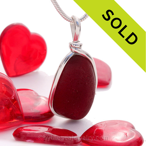 LARGE VIVID Deep Ruby Red Genuine Sea Glass In Original Wire Bezel© of Sterling Silver