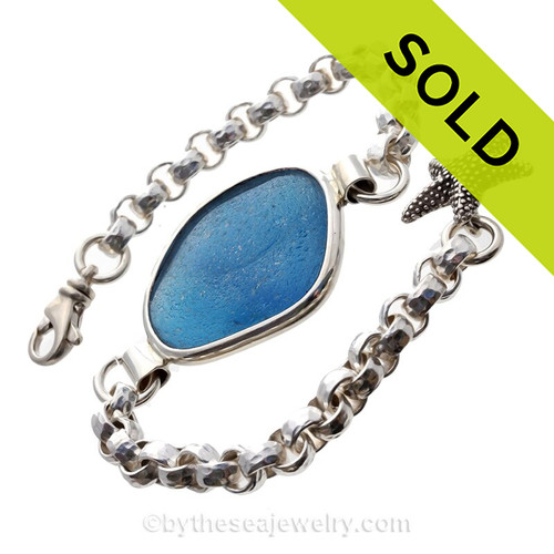 Mixed Blue Seaham Sea Glass ID Bracelet set in our Premium Deluxe Wire Bezel© Solid Sterling Silver 
