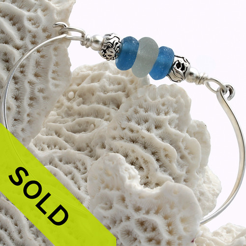 Pure White Sea Glass Bangle Bracelet With Beads