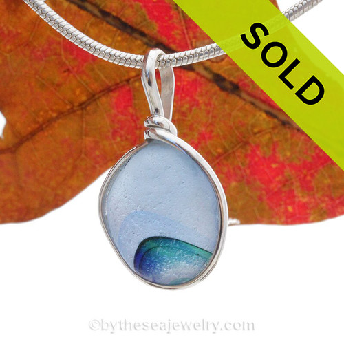 A Lovely Petite odd shaped Stunning Mixture of Greens & Blue  Seaham multi sea glass set in Solid Sterling Silver Deluxe Wire Bezel© pendant setting.