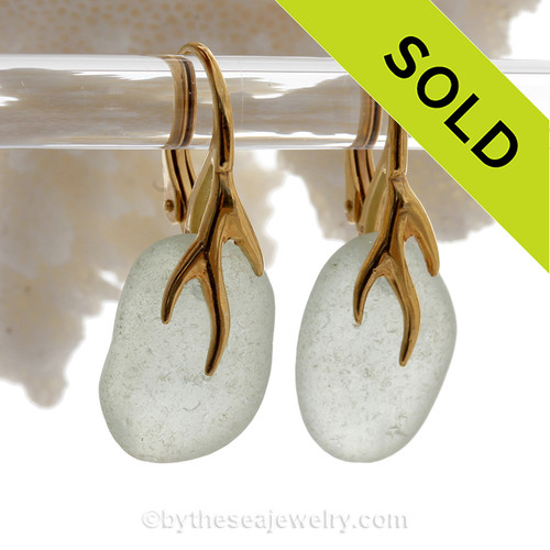Larger Bright Fresh Sea Green Sea Glass Earrings on 24K Gold Vermeil Coral Branch Earrings
