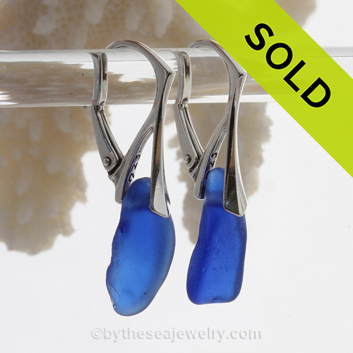 Long Chunky Vivid Cobalt Blue Sea Glass on Solid Sterling Silver Leverbacks Earrings