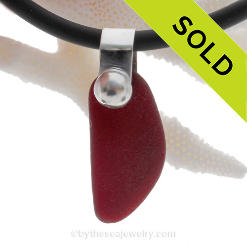 Large Half Moon Ruby Red Sea Glass Necklace with thick 4MM Neoprene Cord with By The Sea Sterling Bail 
