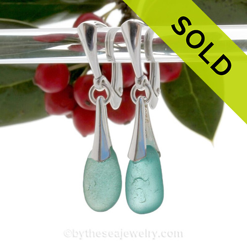 Stunning Drops of Aqua Blue  Genuine Sea Glass on Solid Sterling Silver Deluxe Dangly Leverbacks