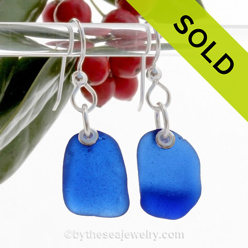 For The Purist -  Blue Genuine Beach Found Simply Sea Glass On Silver Earrings