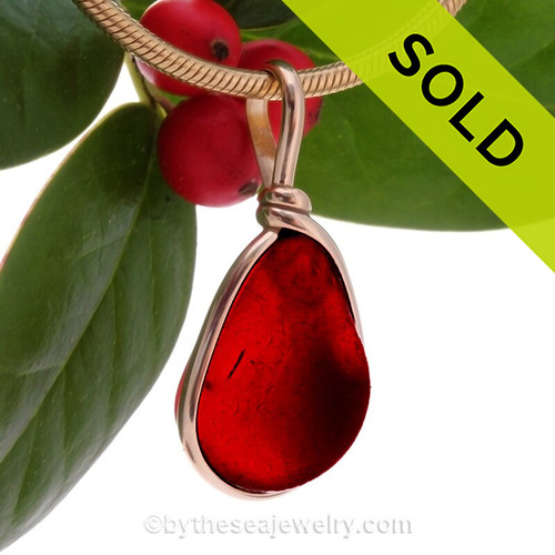 Last Light-  Super Ultra Red End Of Day Slag Sea Glass In 14K F/G Original Wire Bezel 