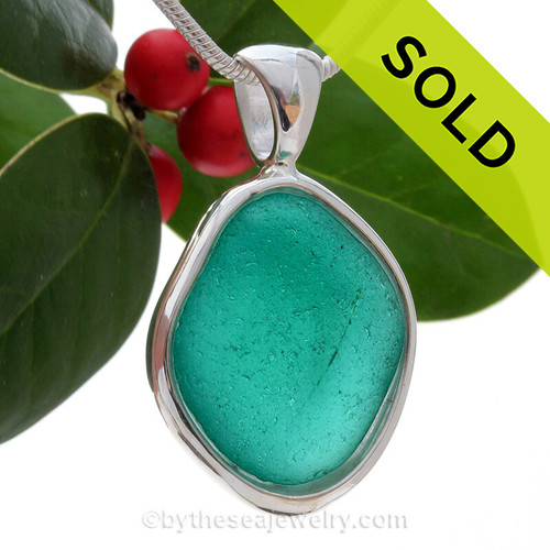 Bumpy Electric Turquoise Genuine Sea Glass in our In Our Deluxe Sterling Wire Bezel© Necklace Pendant.