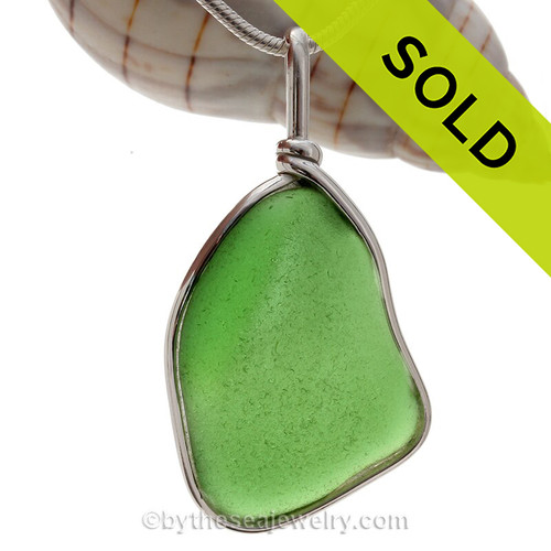 Large VIVID Bottle Side Green Sea Glass Jewelry set in our Original Wire Bezel© pendant setting in Sterling Silver.